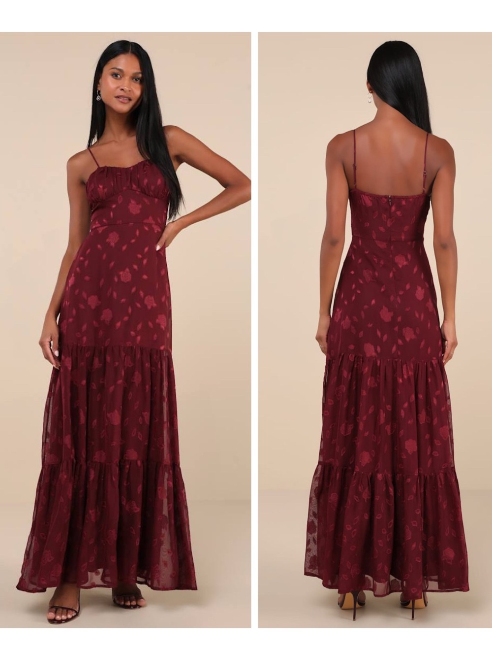 Lulus Poised Grace Burgundy Burnout Floral Bustier Tiered Maxi Dress Size Medium